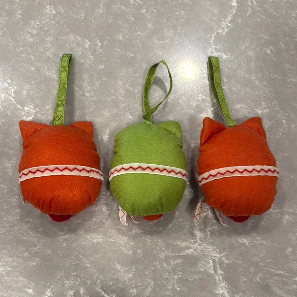Set of 3 Handcrafted Felt Owl Christmas Ornaments Red Orange Lime Green White